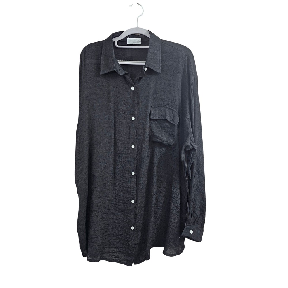 Zoye Chen Black Crinkle Textured Button Up Long Sleeve Shirt Coverup Women's XXL